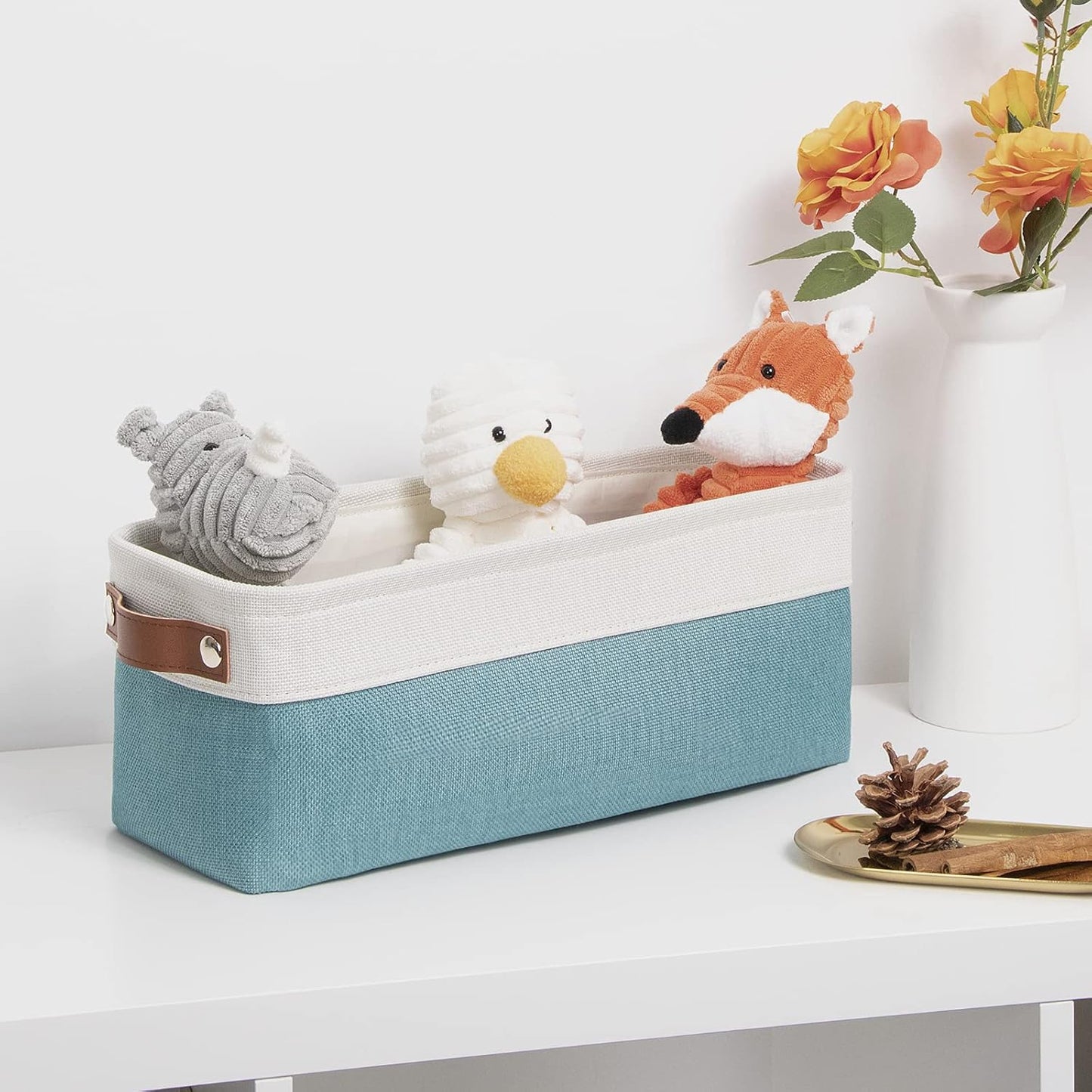 DULLEMELO Storage Baskets for Shelves, Fabric Collapsible Rectangular Storage Bins for Shelves, Closets, Nursery, Home, Office, Empty Gift Baskets (White&Teal)