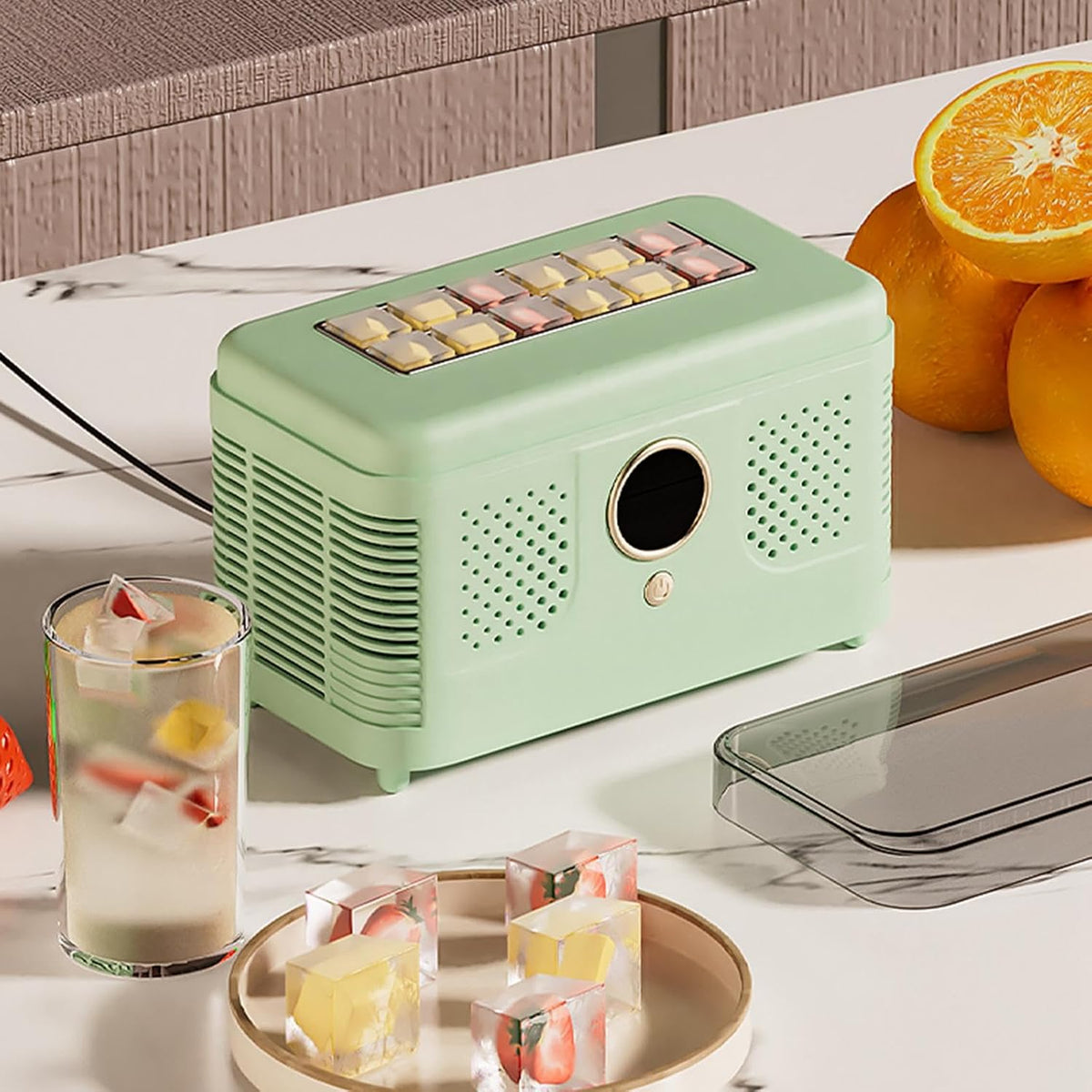 Countertop Ice Maker Mini Portable Ice Making Machine Small Household Appliance with Cube Tong Clip Fast Cooling Technology for Home Kitchen Suitable, Green