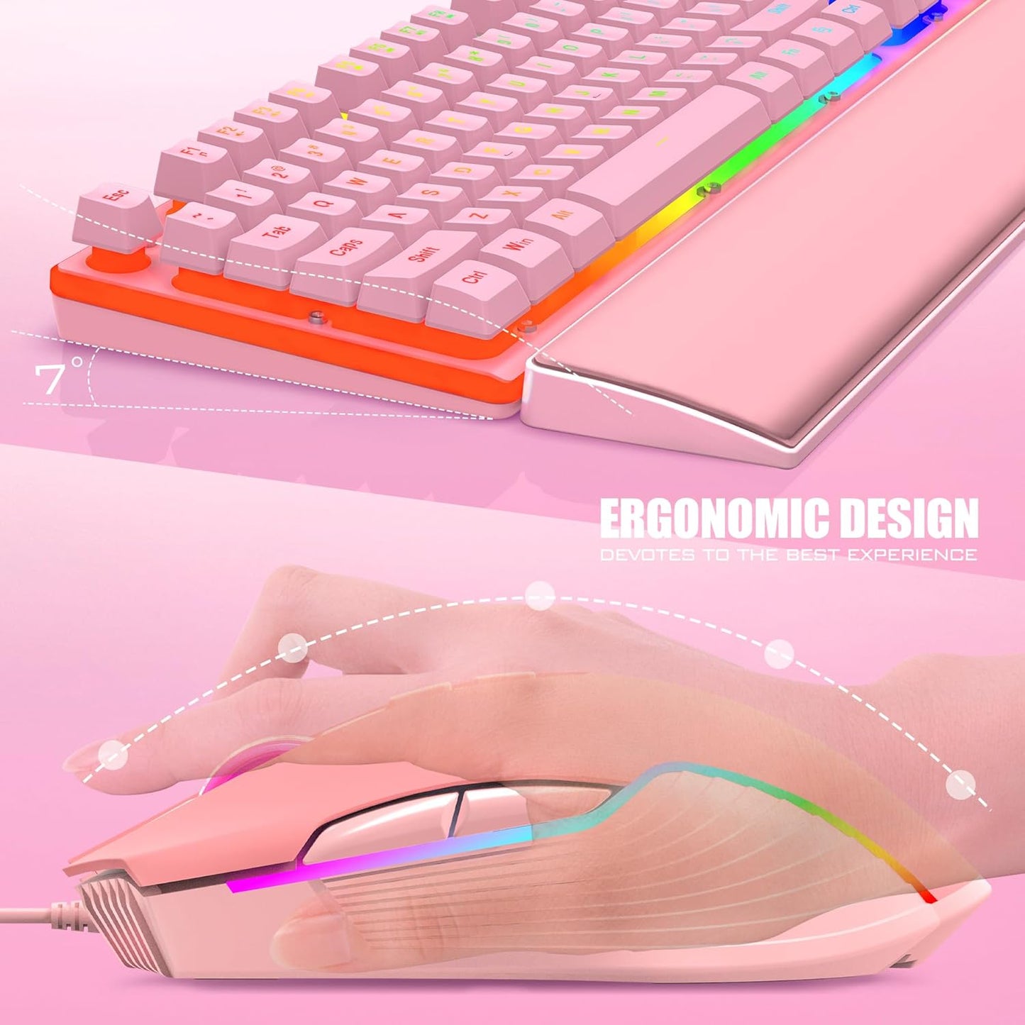 RedThunder K10 Wired Gaming Keyboard and Mouse and Wrist Rest Combo, RGB Backlit, Mechanical Feel Anti-ghosting Keyboard + 7D 7200 DPI Mice+Soft Leather Wrist Rest 3 in 1 PC Gamer Accessories(Black)