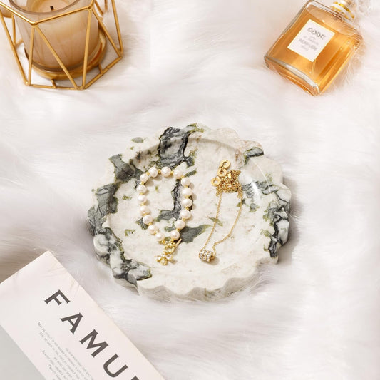 WORHE Marble Vanity Tray Natural Small Scalloped Round Stone Trays for Candle Trinket Calacatta Viola Jewelry Plate for Bathroom,Bedroom,Dresser Ring Dish Holder for Home Decor WarmHouse Gifts(WH049) - PuriLite