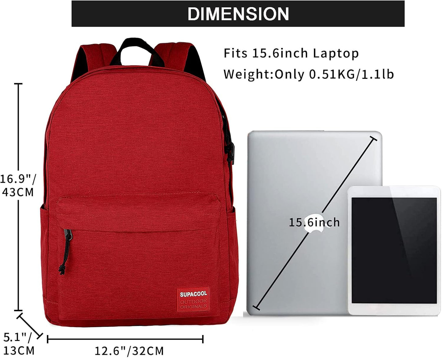 SUPACOOL Casual Laptop Backpack with USB Charging Port for Men and Women, School Bookbag for College, Lightweight Pack Back(Dark Black)