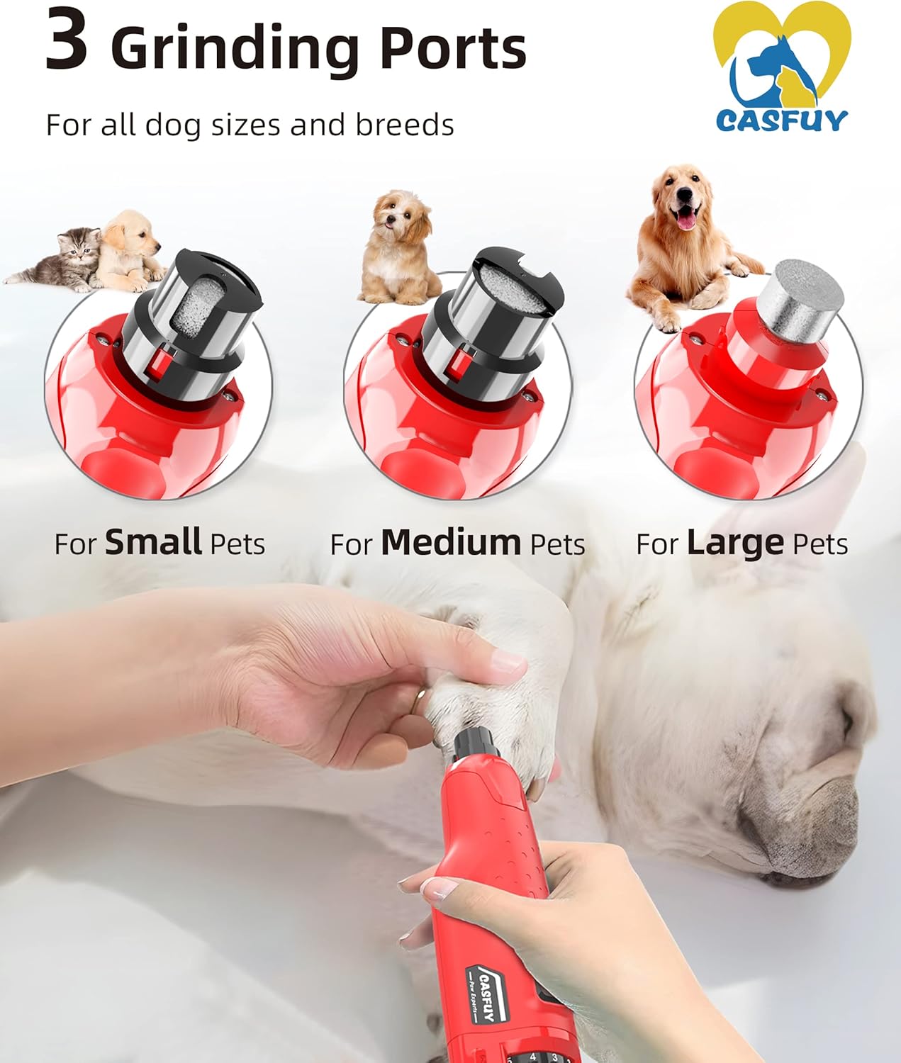 Casfuy Dog Nail Grinder Quiet - (45db)6-Speed Pet Nail Grinder with 2 LED Lights for Large Medium Small Puppy Dogs/Cats, Professional 3 Ports Rechargeable Electric Dog Nail Trimmer with Dust Cap(Blue)