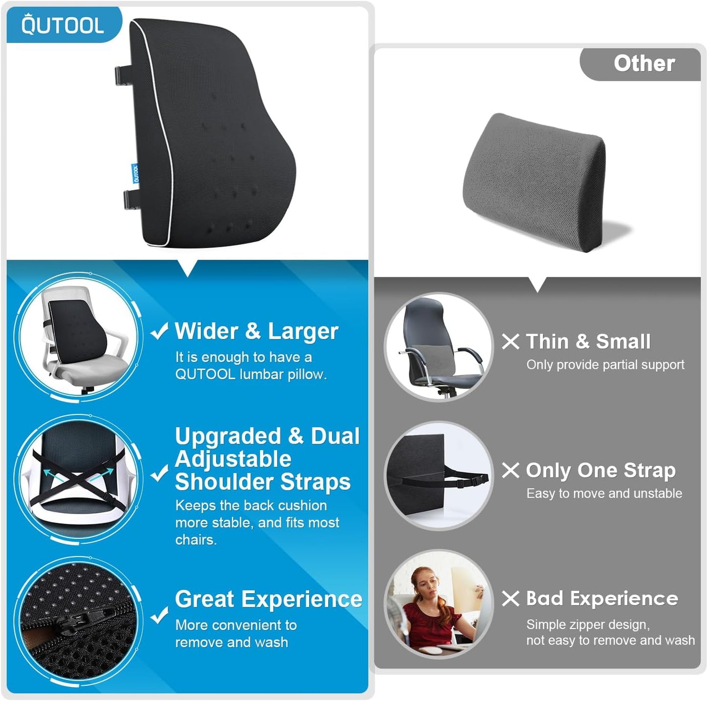 Lumbar Support Pillow for Office Chair Car Memory Foam Back Cushion Back Pain Relief Improve Posture Large Back Pillow for Computer, Gaming Chair, Recliner with Mesh Cover Double Adjustable Straps