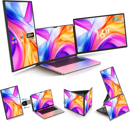 NGTeco Triple Monitor, Laptop Screen Extender, 16" FHD 1200P IPS Laptop Monitor Extender Triple Screen, Portable Monitor for Laptops 13-17" with Type-C/HDMI/USB-A Port Plug & Play for Wins/Mac/Chrome - PuriLite