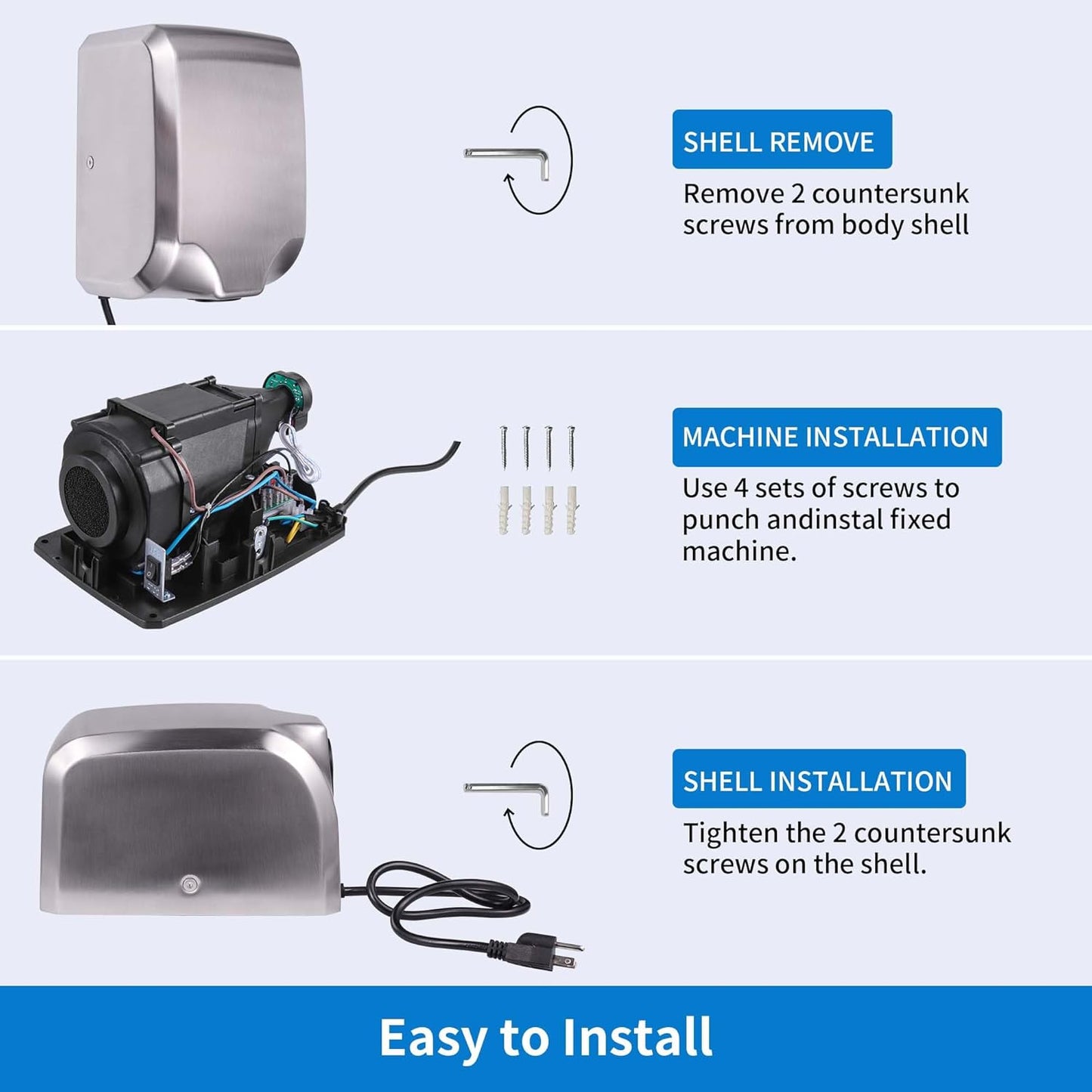 Goetland Stainless Steel Commercial Hand Dryer 1800w Automatic High Speed Heavy Duty Dull Polished