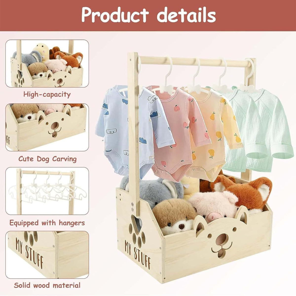 Wooden Baby Storage Organizer | Nursery Basket with 5 Hangers