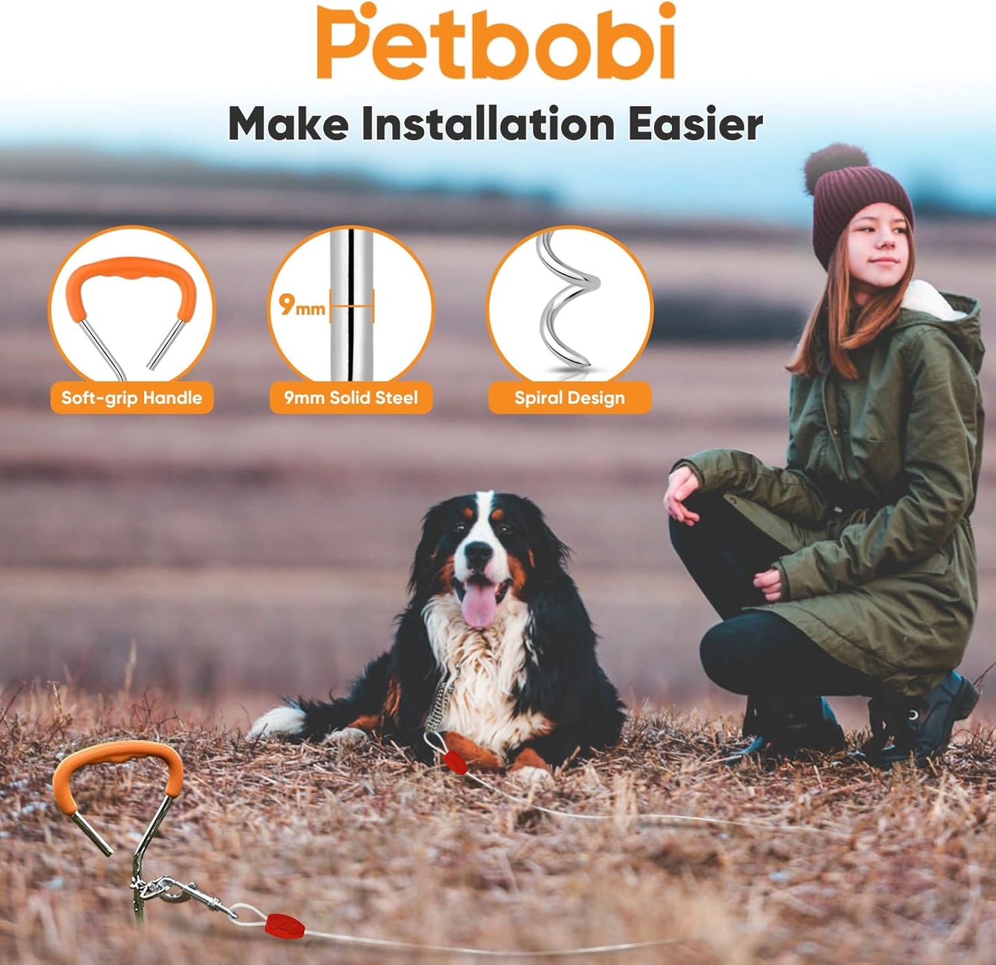 Petbobi Dog Tie-Out Cable and Stake - 30ft Heavy Duty Cable with Spring, No Tangle, 16in Ground Stake, Ideal for Yard, Camping and Beach, Suitable for Small Medium Large Dogs Up to 120 lbs, Blue