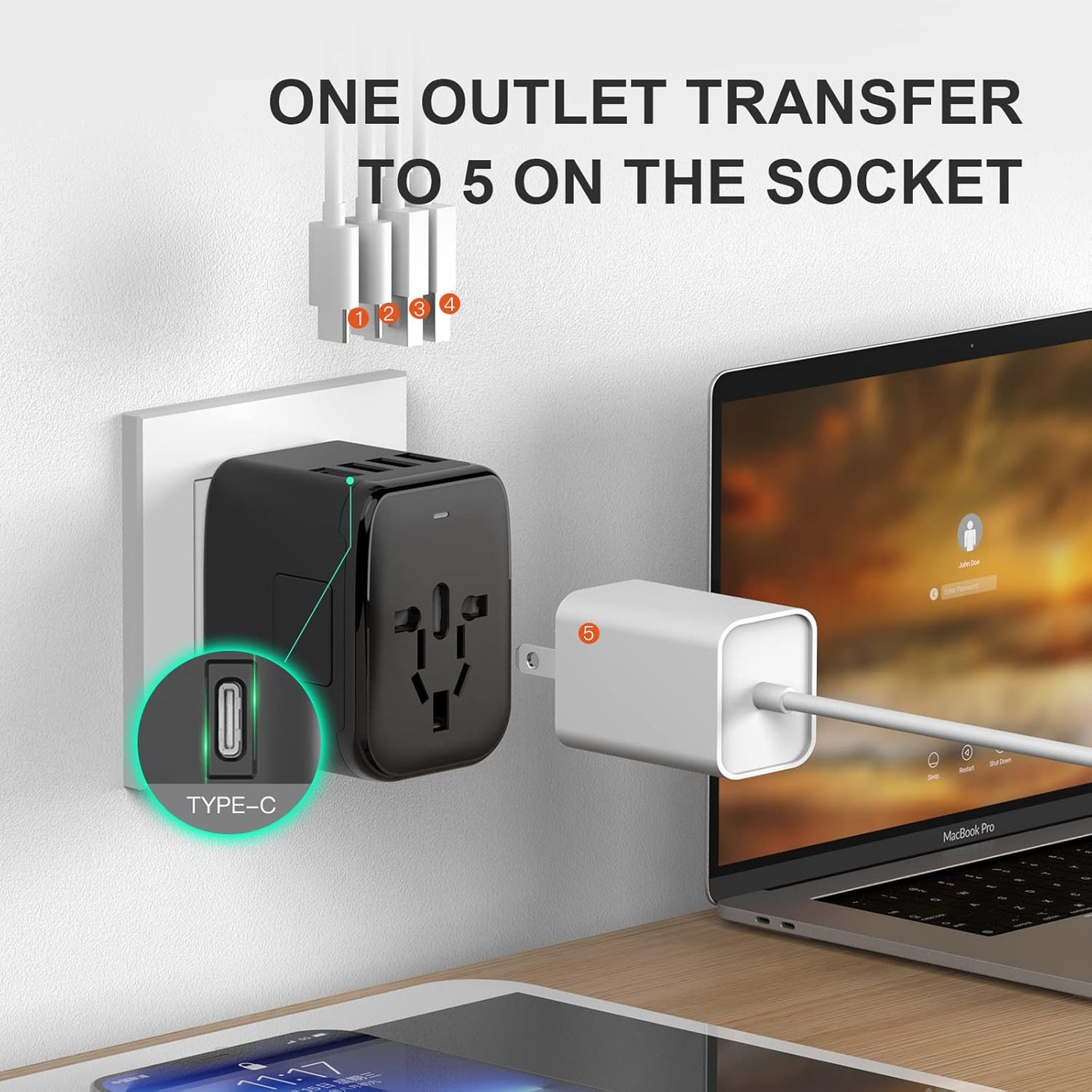 VYLEE Universal Travel Adapter, 65W Fast GaN International Power Adapter, 3PD USB-C+1QC USB-A European Travel Plug Adapter, US, UK, EU, AU Worldwide Travel Charger for Laptops, Tablets, Phones