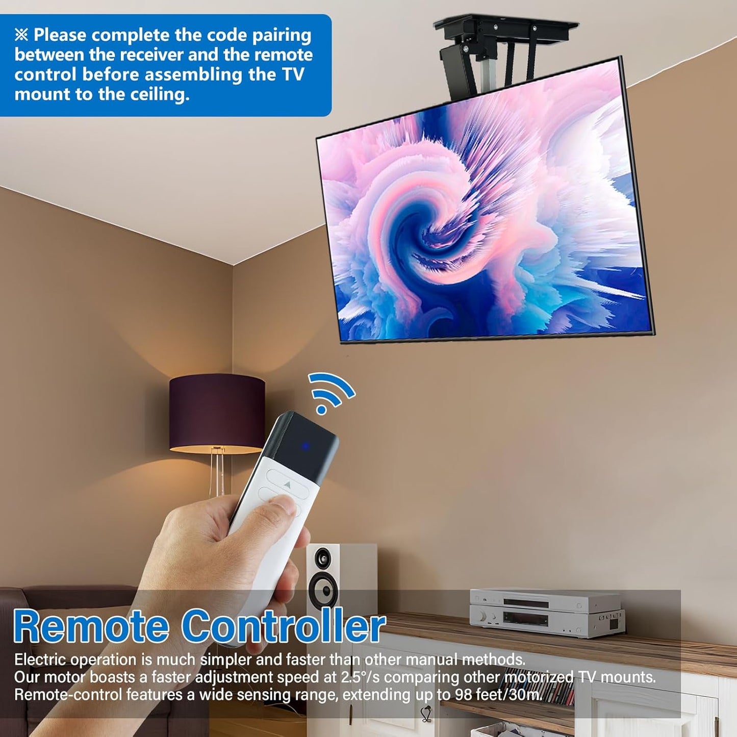 TOPSKY Electric Adjustable Ceiling TV Mount with Remote, Motorized Flip Down Pitched Roof TV Mount for 32 to 70 Inch Flat and Curved Screen TVs (Black)