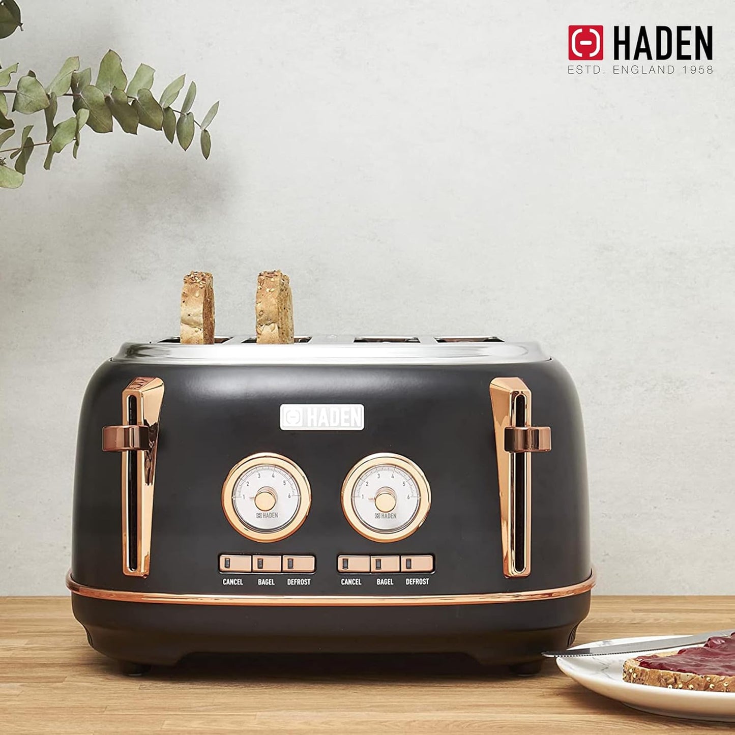 Haden Dorset 75083 Stainless Steel 1500W Retro Toaster 4 Slice Wide Slot w/Removable Crumb Tray and Settings, Black/Copper Toasters w/Adjustable Browning Control, Smart Toaster