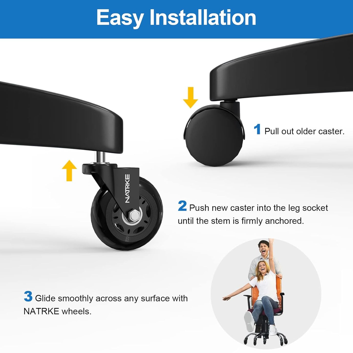 NATRKE Office Chair Wheel Replacement, 11×22 Office Chair Casters, 3" Rubber Caster Wheels for Swivel Chair for All Floors Hardwood Carpet, 5 Pack (Clear)
