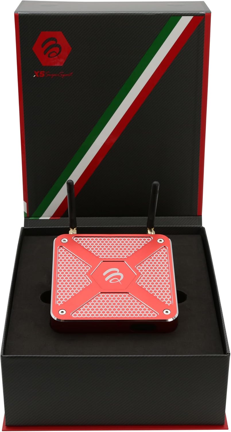 BuzzTV X5 SS Android 13 TV Box, 4GB DDR4 RAM, 128GB Storage, Scarlet Red Aluminum, Dual Voice-Controlled Remote, Wireless AX, USB-C, Global Power Adapters