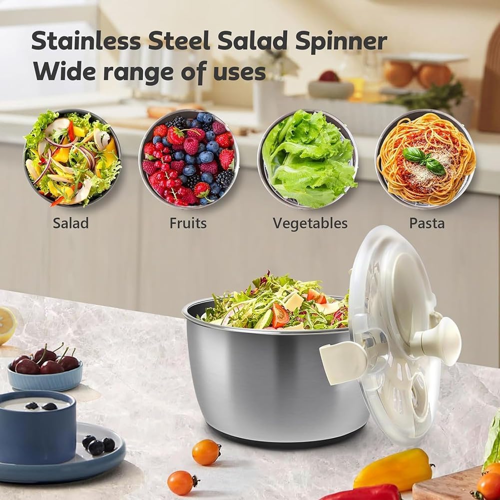Cenroelon Stainless Steel Salad Lettuce Spinner Quick Manual Compact with Lid,Basin Drain Frame Non-Slip Base