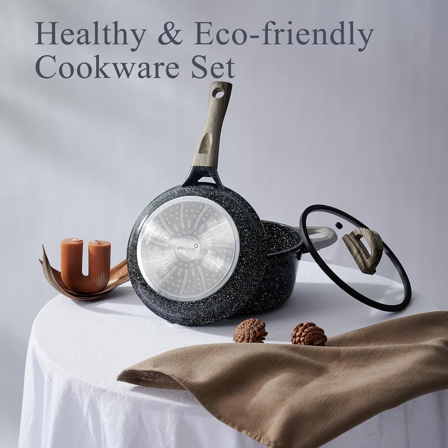 Ceramic Cookware Set 22 Piece Nonstick Pots and Pans Set Non Stick Kitchen Cooking Sets 8" Frying Pans with Lid,Black Granite Non-Toxic Induction Kitchen Cookware w/Glass Lids PFOS/PFOA-Free