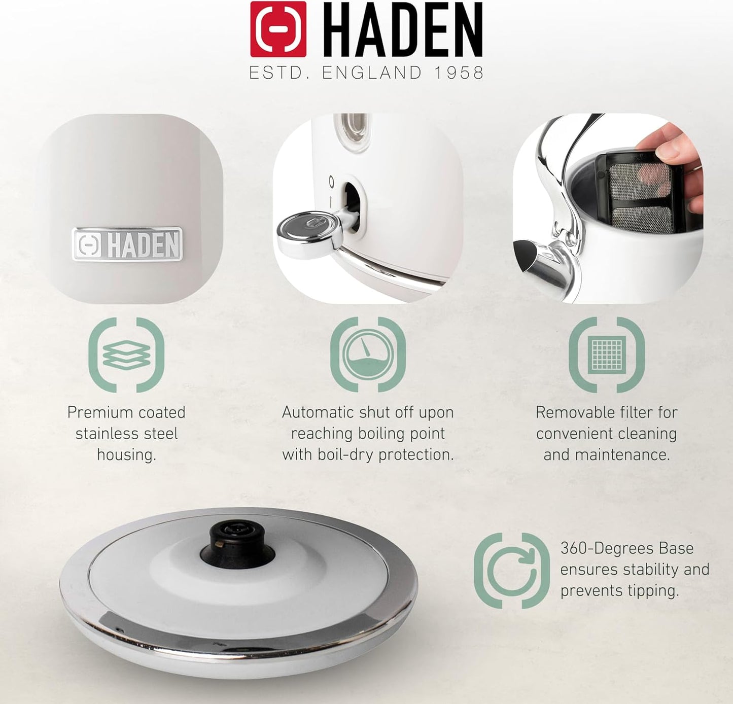 Haden 75041 Heritage 1.7 Liter (7 Cup) Stainless Steel Electric Kettle with Auto Shut-Off and Boil Dry Protection, Black/Copper