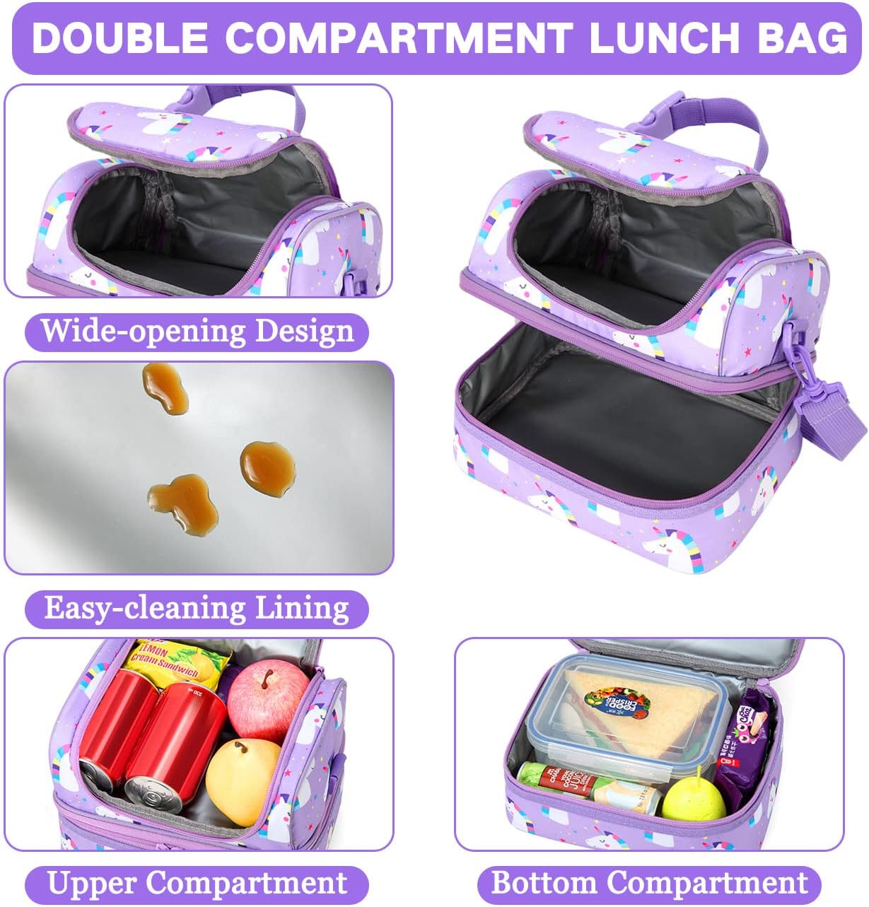 VASCHY Lunch Box Bag Men, Insulated Two Compartments Bento Cooler Bags for Adults/Women/Kids for School,Daycare,Kindergarten,Picnic Black