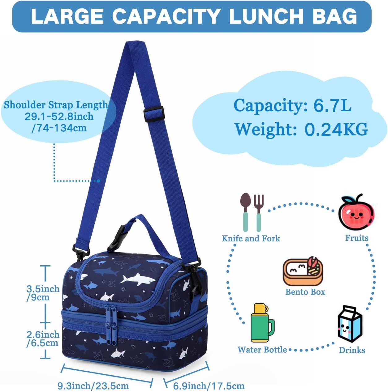 VASCHY Lunch Box Bag Men, Insulated Two Compartments Bento Cooler Bags for Adults/Women/Kids for School,Daycare,Kindergarten,Picnic Black