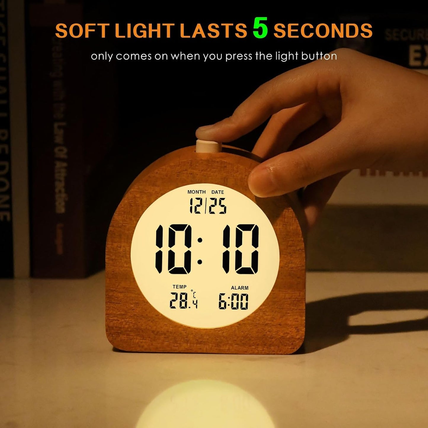 Plumeet Wooden Digital Alarm Clock for Bedrooms, Wood 4'' Battery Powered Alarm Clock with Snooze and Nightlight, Electronic LCD Desk Clock Display Time, Date, Temp, 12/24H, Wood Décor (Sapele, 3.2'')