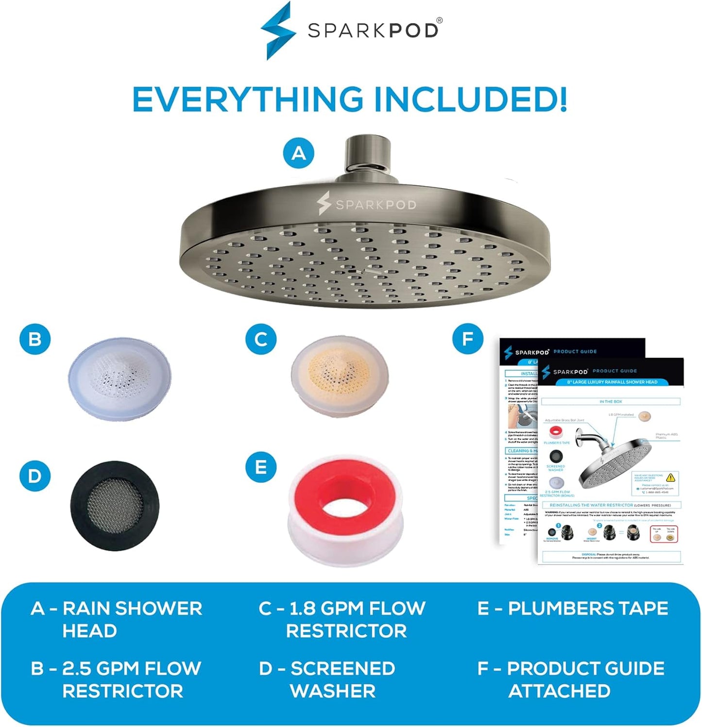 SparkPod Shower Head - High Pressure Rain - Premium Quality Luxury Design - 1-Min Install - Easy Clean Adjustable Replacement for Your Bathroom Shower Heads (Luxury Polished Chrome, 6 Inch Round)