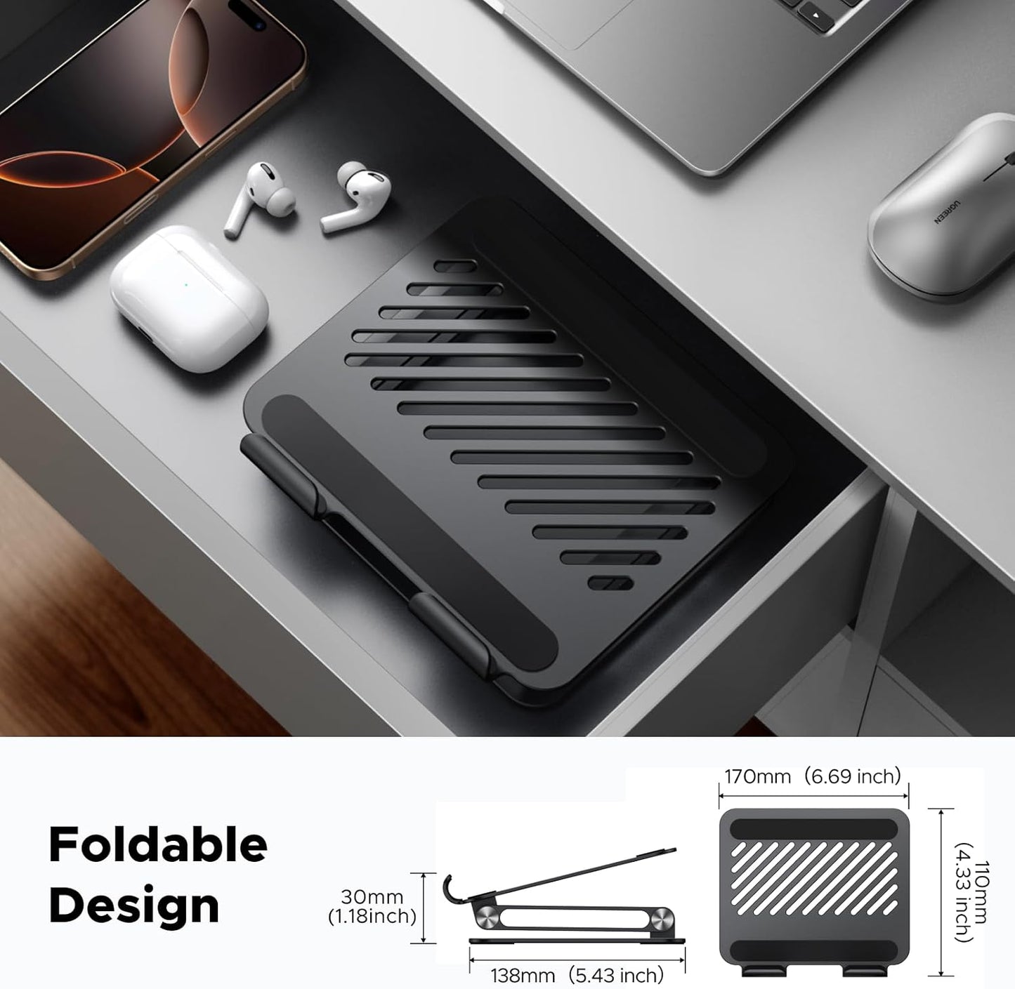 UGREEN Tablet Stand Holder for Desk, Aluminum Desktop Dock Adjustable Foldable Riser Compatible with iPad Pro 12.9, 9.7, 10.5, iPad Air, iPad mini, Surface Pro, Galaxy Tab, Black