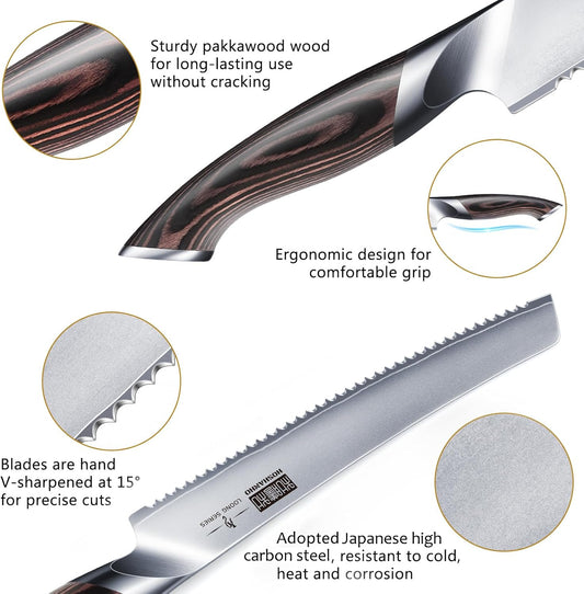 HOSHANHO Bread Knife 10 inch, Japanese High Carbon Stainless Steel Serrated Bread Knife, Professional Bread Cutting Knife for Homemade Bread - PuriLite