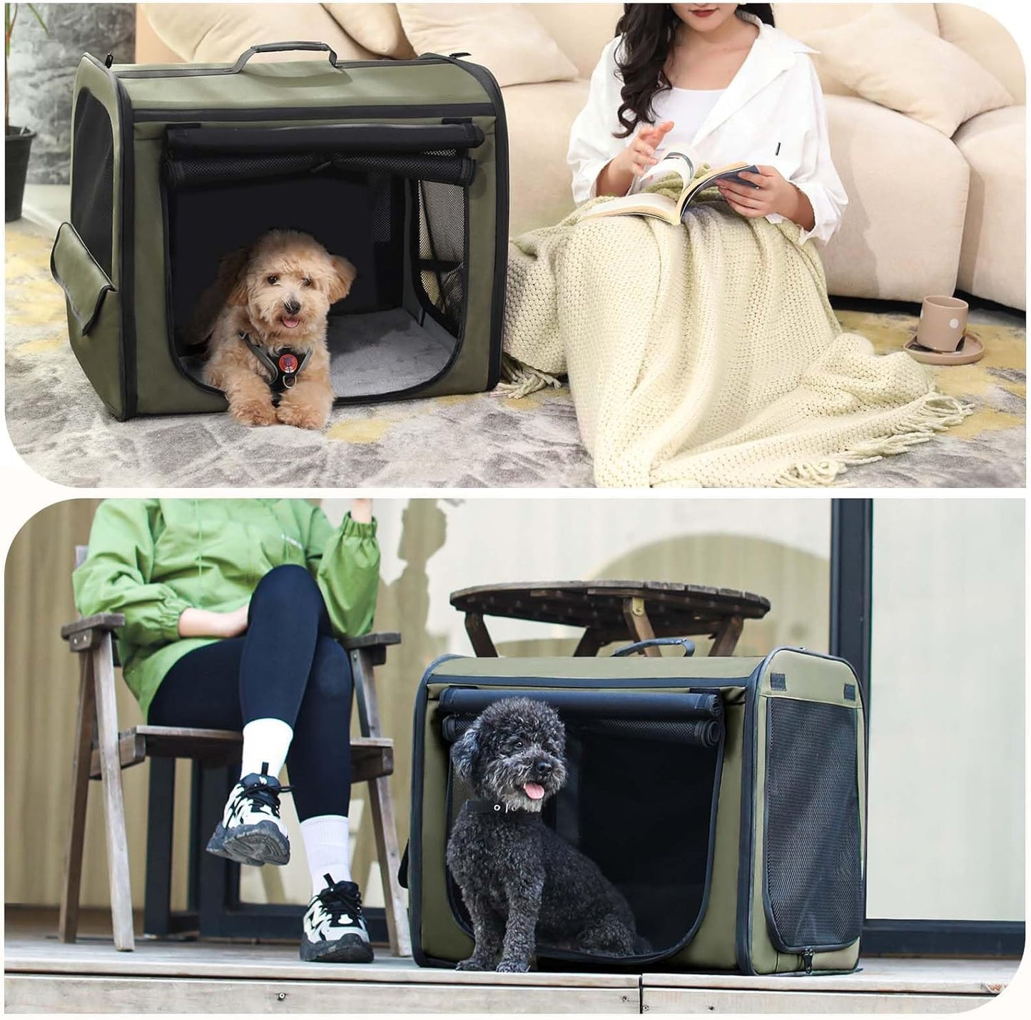 Pecute Collapsible Dog Crate for Pets<15kg, Pet Carrier Stable and Light Weight, Soft Dog Crate with Breathable Windows, Portable Dog Carrier with Curtain 61×45×52 cm (Green)