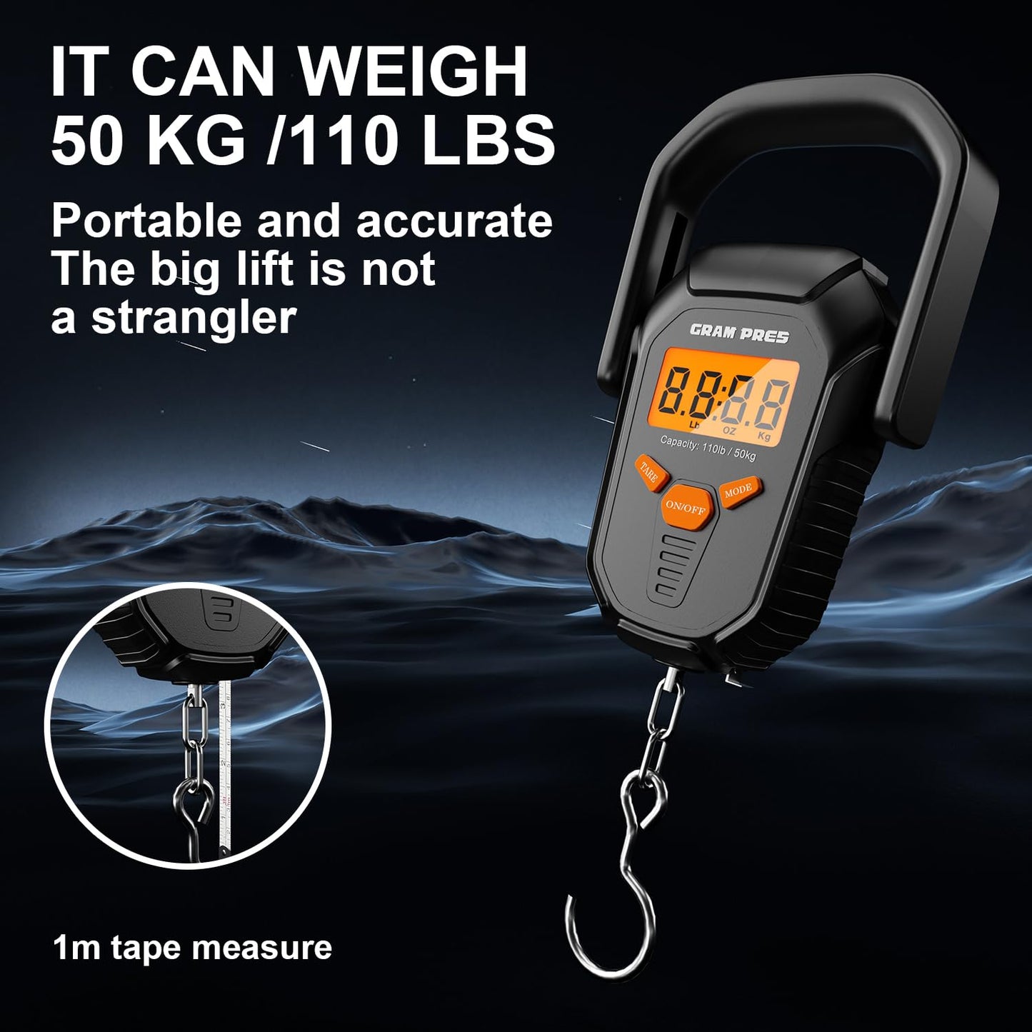 GRAM PRES Fish Scale 110lb/50kg,Digital Fishing Scale with Ruler,Electronic Portable Hanging Luggage Weight Scale with Hook and Fish Lip Gripper,Lb/oz/Kg Mode, Batteries Included