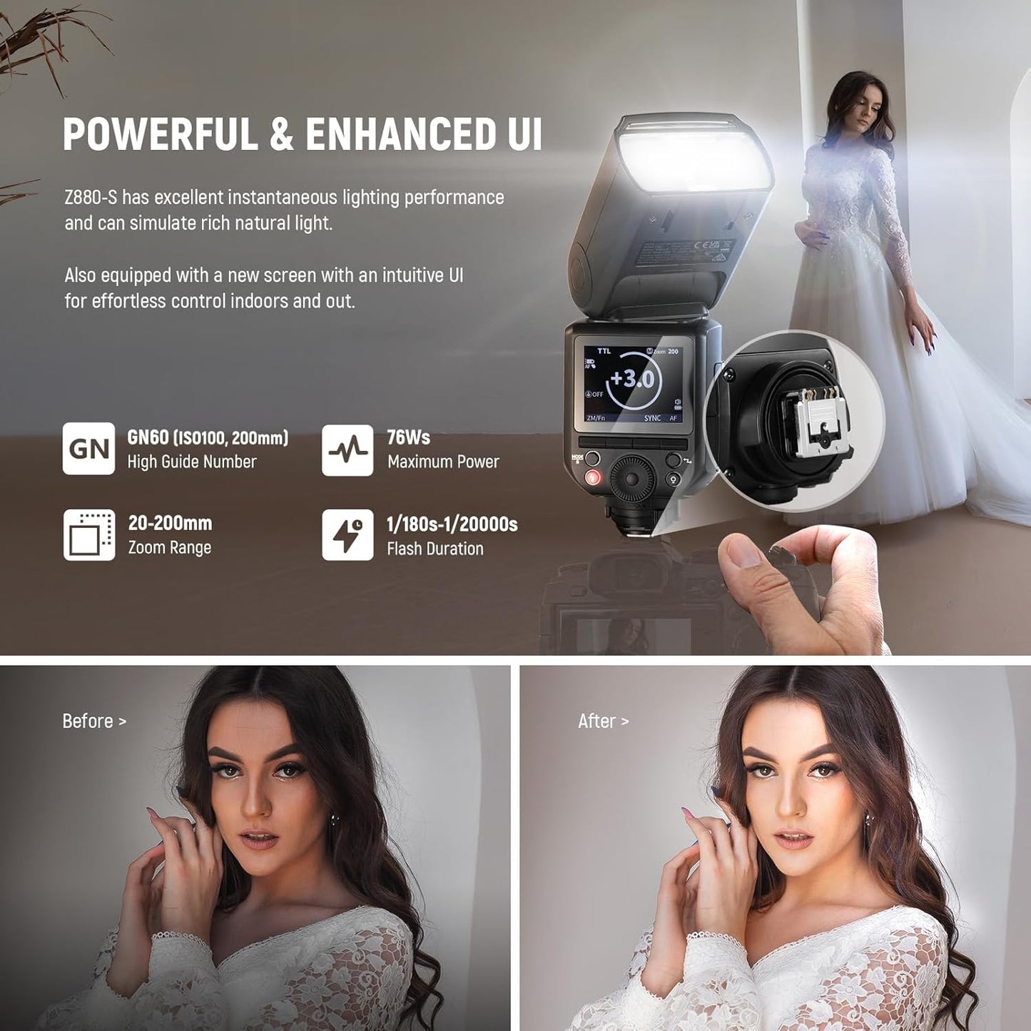 NEEWER Z880-C 2.4G 76Ws TTL Camera Flash Speedlite Compatible with Canon, Upgraded UI, Adjustable Modeling Lamp, TTL/M Quick Switch TCM Key, 1/8000s HSS 7.2V/3000mAh Battery 600 Full Power Flash