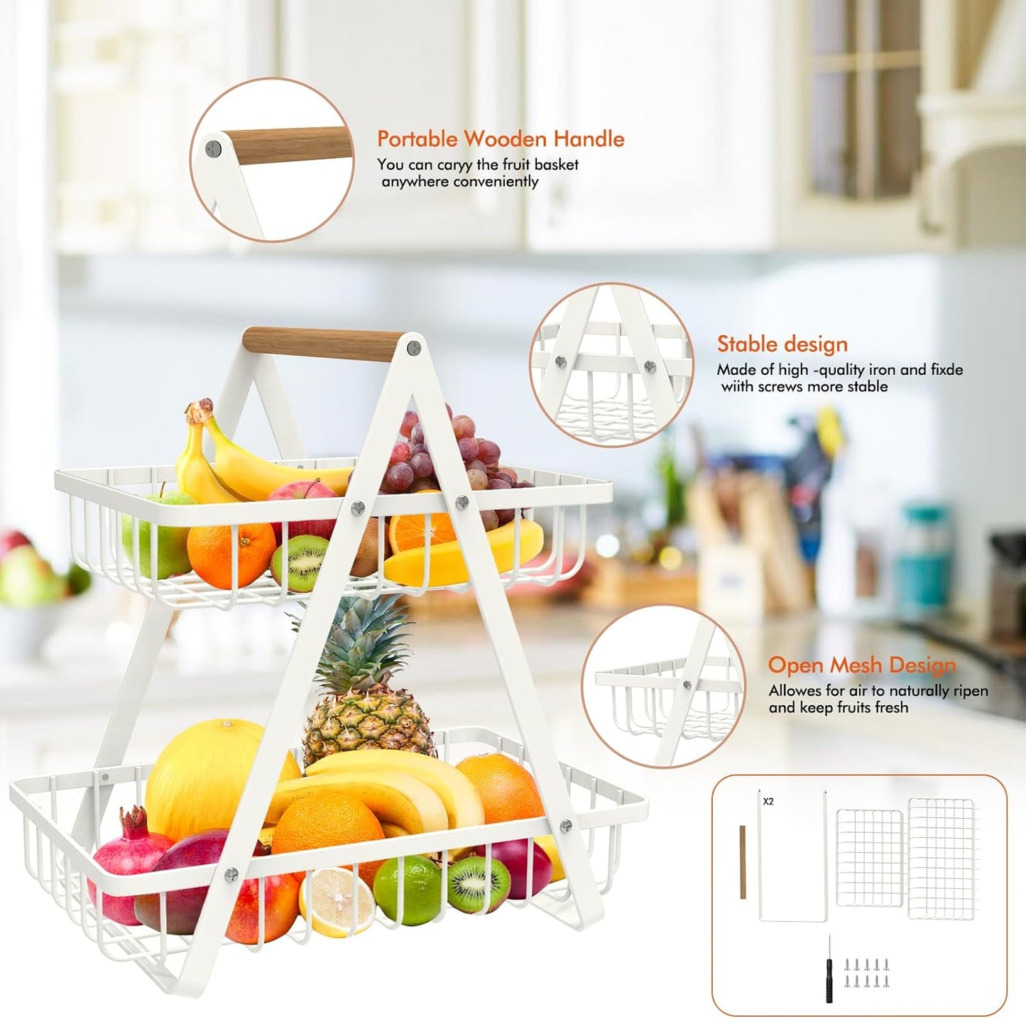 2 Tier Countertop Fruit Basket,Portable Fruit Bowle Basket for Kitchen Organizer Storage & Dining Room Fruits Vegetable Bread Snacks,MAHUEEOL Detachable Metal Rectangle Basket Storage