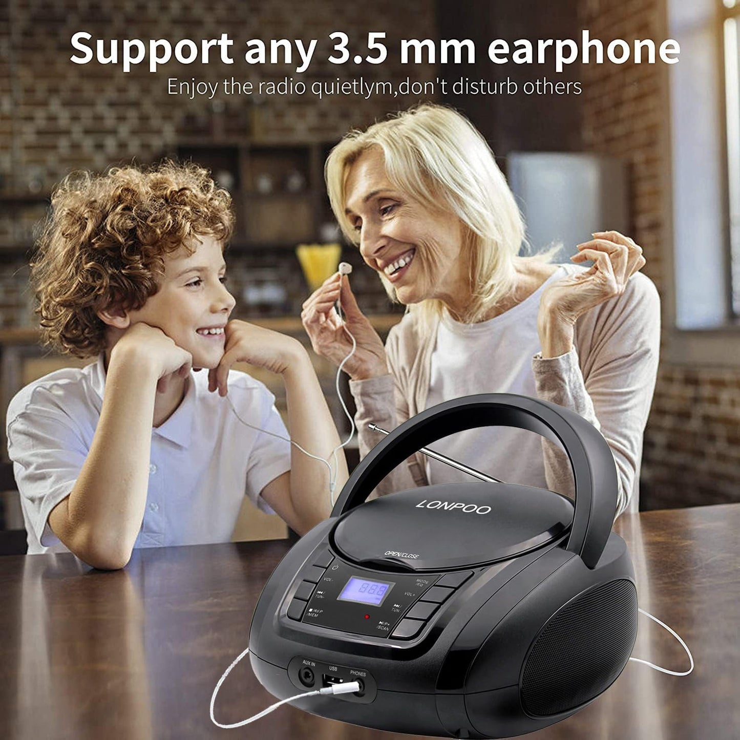 LONPOO Portable CD Player | Stereo Bluetooth Boombox | FM Radio Turn Knob | Auto Lid Open Button | Big LCD Display | Concealed Ports of USB/AUX/Earphone | Rear Power Protection Button (LP-D12)