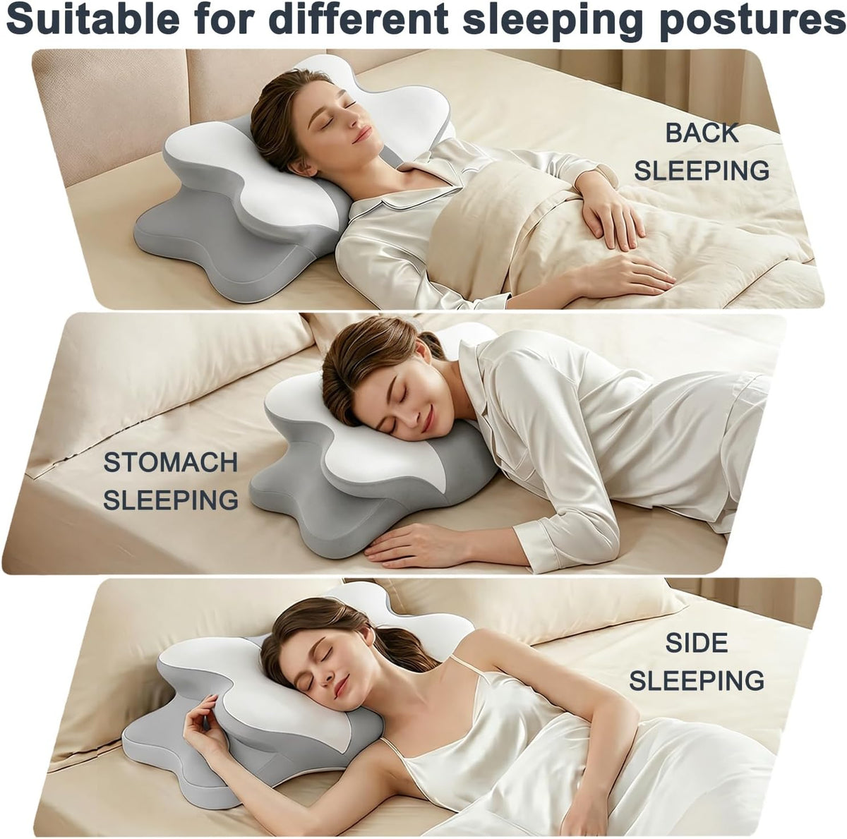 Sleep Apnea Pillow with Neck Pain & Snoring Relief -Orthopedic Cervical Pillow, Ergonomic Contour Memory Foam Pillow for Side,Back,Stomach Sleepers,Dreamers (Whitegrey)