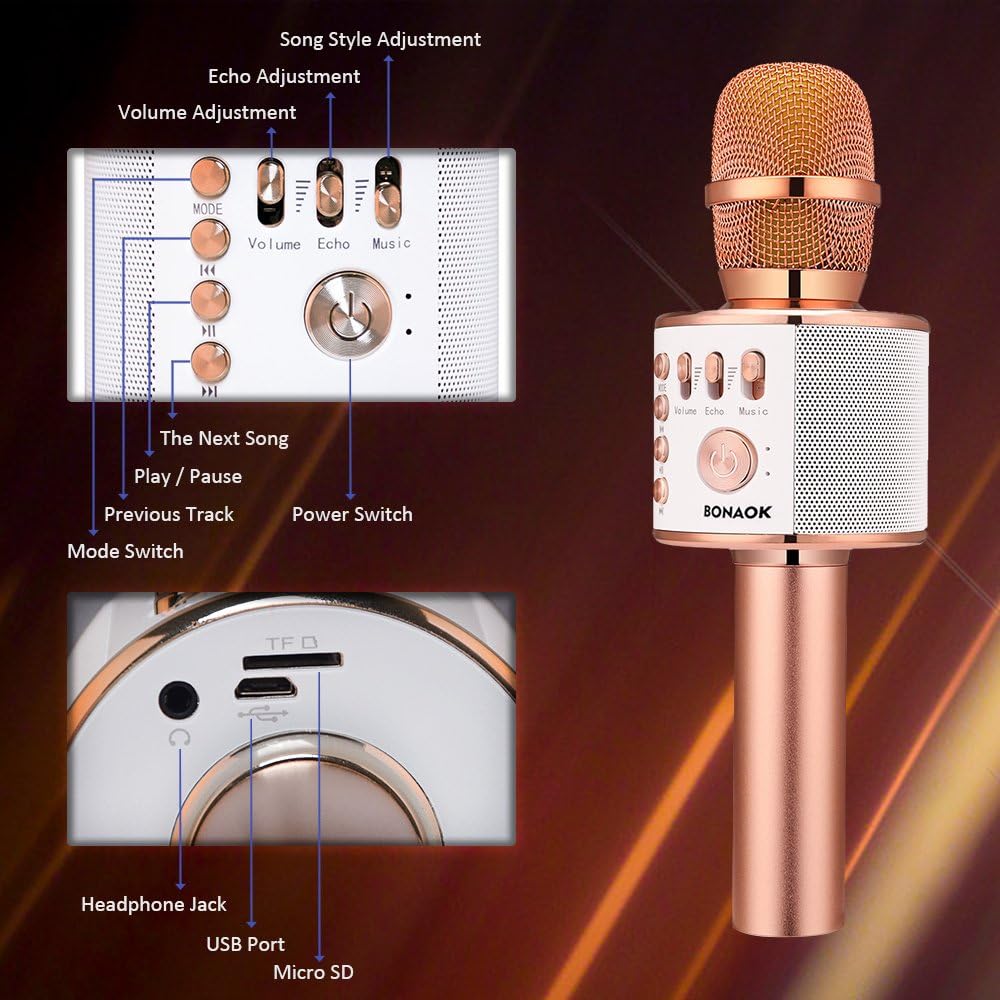 BONAOK Wireless Bluetooth Karaoke Microphone – 3-in-1 Portable Mic & Speaker, Echo Control, MP3 Playback, Compatible with Smartphones, Home Party & Birthday Fun – Rose Gold - PuriLite