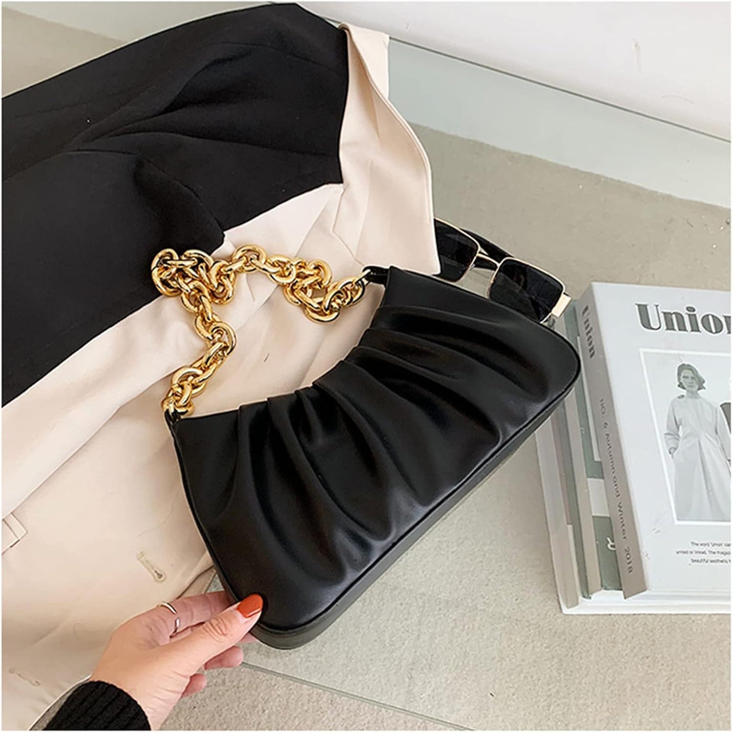JOLLQUE Shoulder Bag for Women,Small Leather Handbag Purse,Gold Chain Evening Clutch
