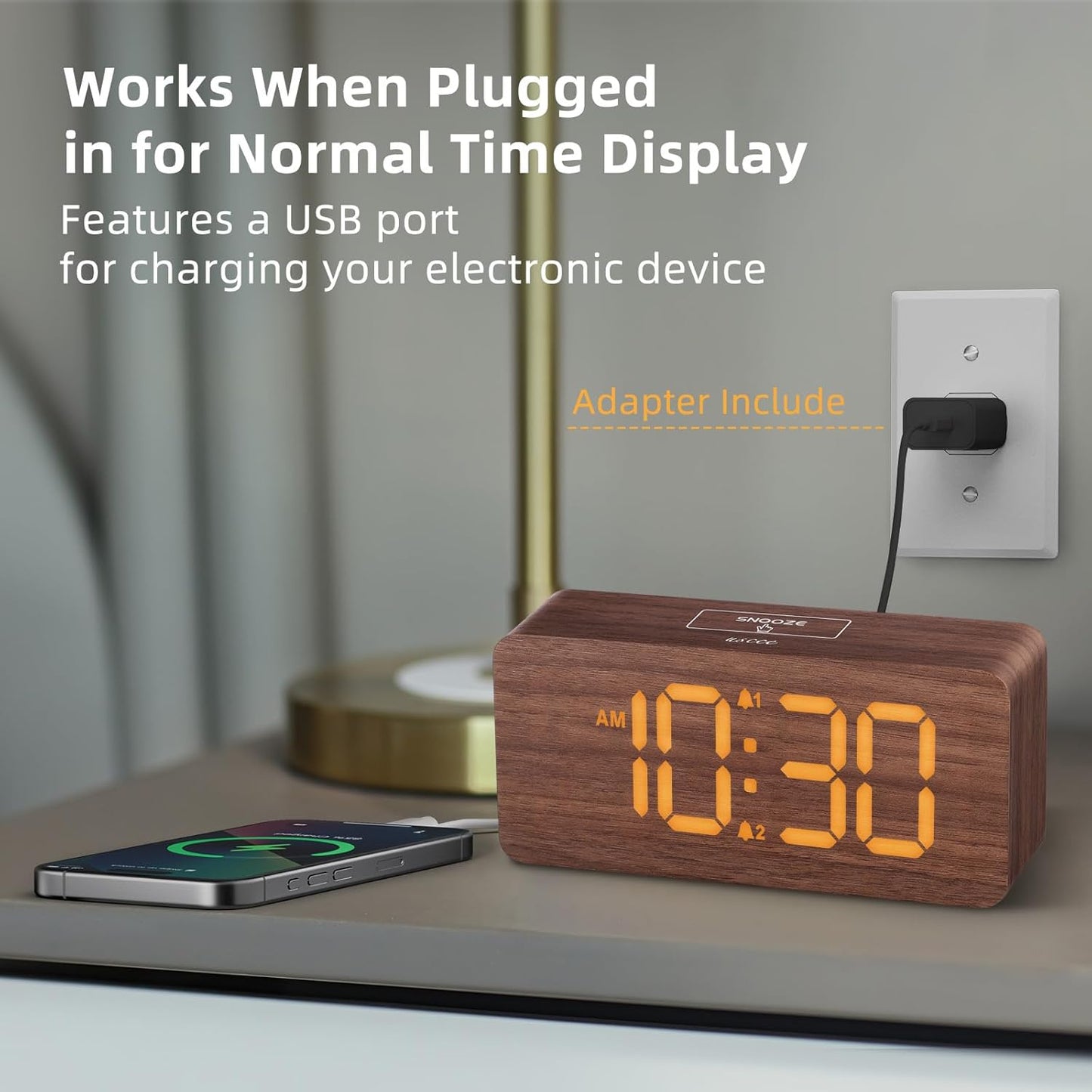 Purilite Select Wooden Digital Alarm Clock with Large LED Display