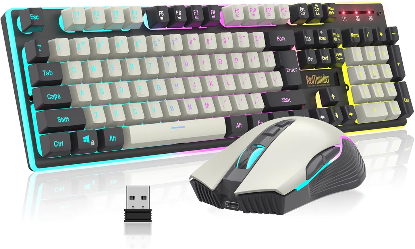 RedThunder K10 Wireless Gaming Keyboard and Mouse Combo, LED Backlit Rechargeable 3800mAh Battery, Mechanical Feel Anti-ghosting Keyboard + 7D 3200DPI Mice for PC Gamer (Black)