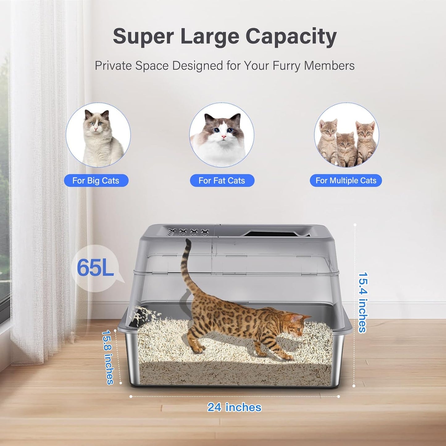 Stainless Steel Litter Box with Lid, XL Extra Large Enclosed Cat Litter Box for Big Cats 110° Flip Cover, Top Entry Metal High Sided Litter Box & Pedal & Scoop, Anti-Leakage (Grey)