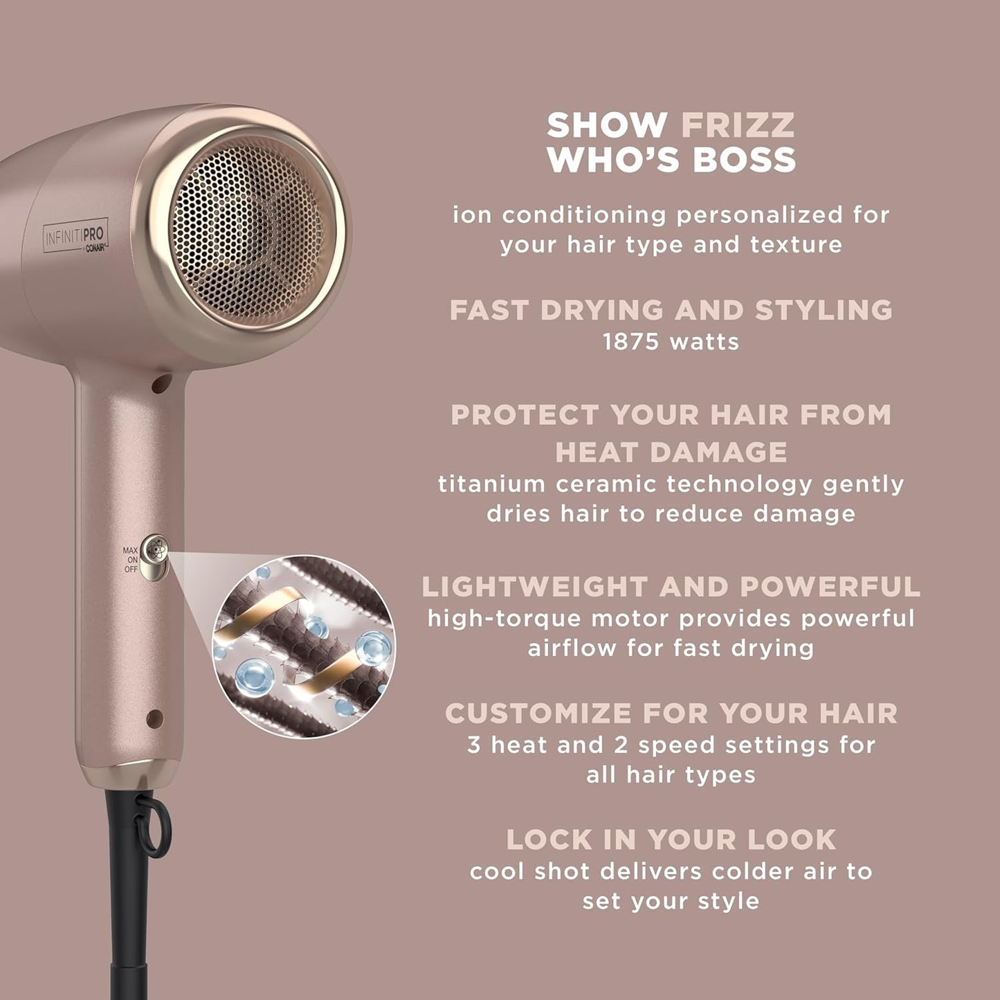 InfinitiPRO by Conair 750C Frizz Free Pro Dryer, 3 Heat/2 Speed Settings, Includes Diffuser and 2 Contentrators, Rose Gold, Hair Dryer