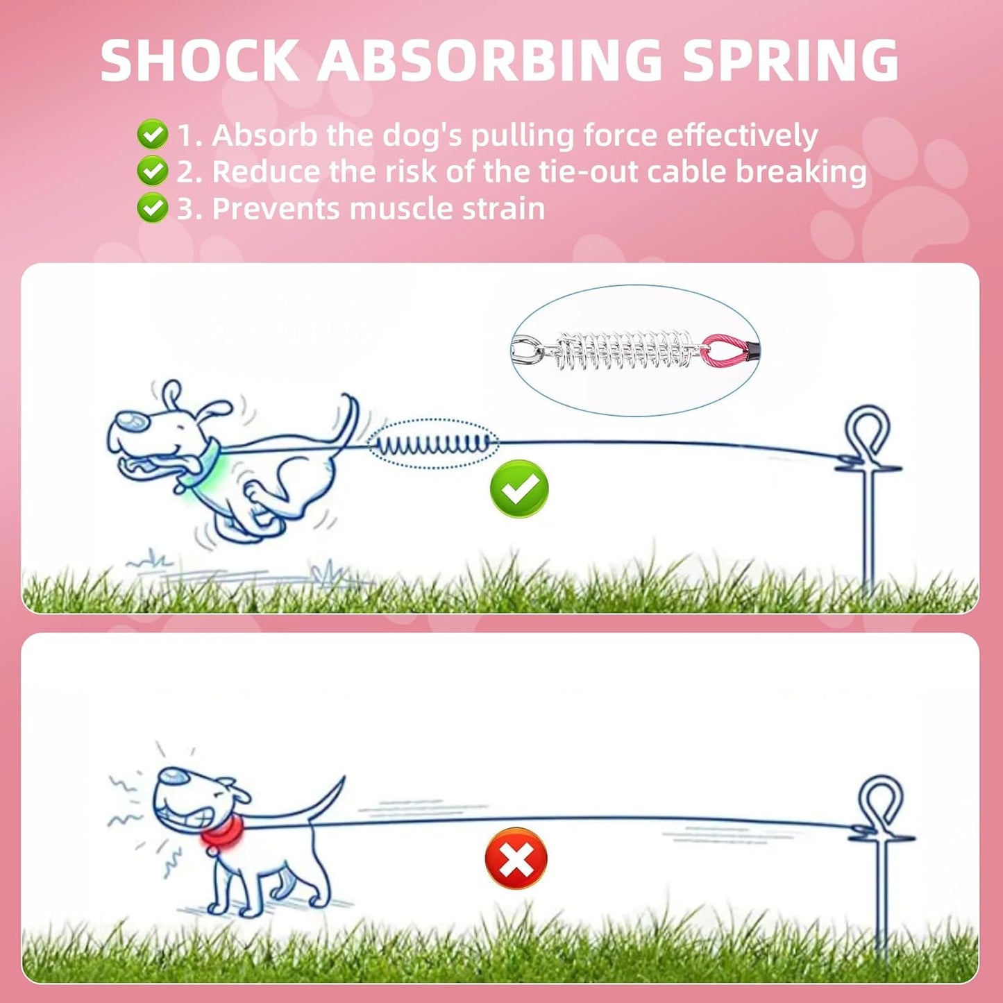 VST Dog Tie Out Cable 50FT-600LBS Break Strength,Heavy Duty Dog Leads for Yard with Shock Absorbing Spring & Lockable Hook,Outside Long Leash Cable,Chew Proof Dog Line for Small Medium Large Dogs