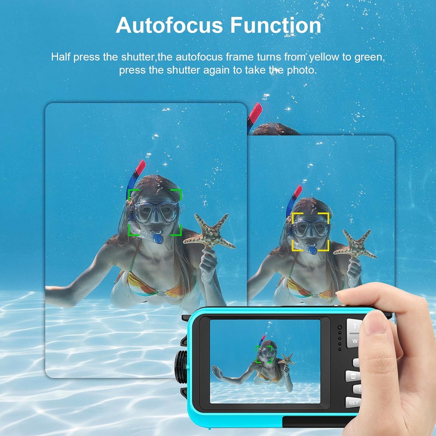 4K Underwater Camera 11FT Waterproof with 32GB Card 56MP Autofocus Selfie Dual-Screen for Snorkeling, Compact Digital Camera 1250mAh Battery (Blue)