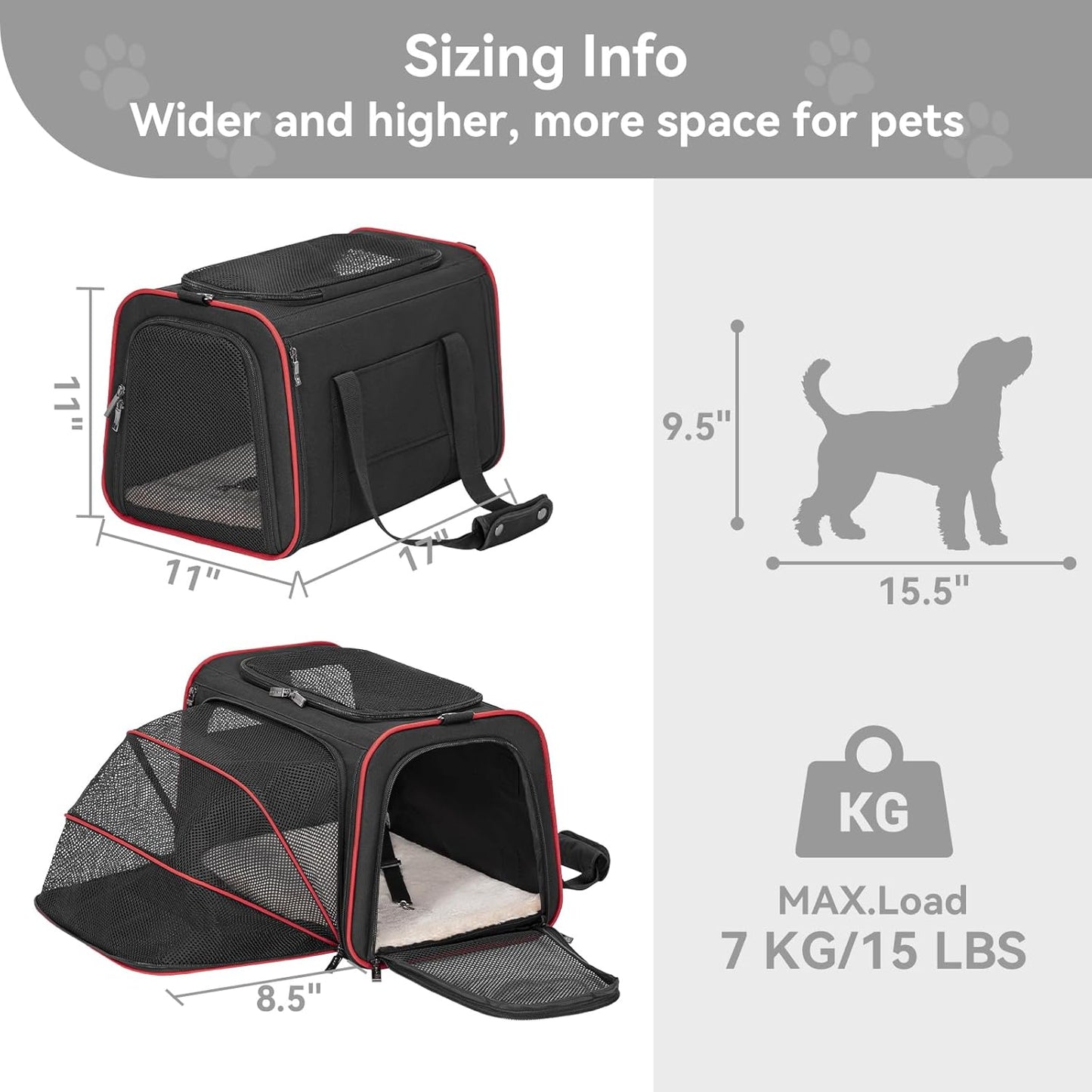 Petsfit Expandable Cat Dog Carrier Airline Approved, 17" L x 11" W x 11" H Soft-Sided Portable Pet Travel Carrier for Kitten, Puppy, Removable Soft Plush Mat and Pockets, Auto-Locking Zippers