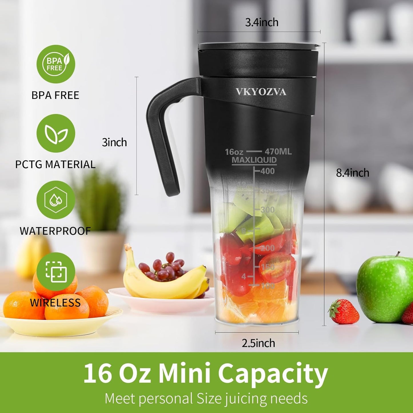 VKYOZVA Portable Blender, 20 Oz Travel Blender USB-C Rechargeable with 6 -leaf Stainless Steel Blades, BPA Frees, Personal Blender for Shakes and Smoothies,Suitable for Family Travel Gyms, Black