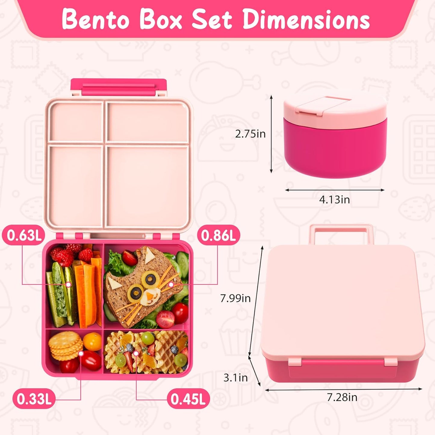 Bento Lunch Box for Kid with 7oz Soup Jar, Leak-Proof Lunch Box with Cutlery, 4-Compartments Lunch Container for School Outdoors Office
