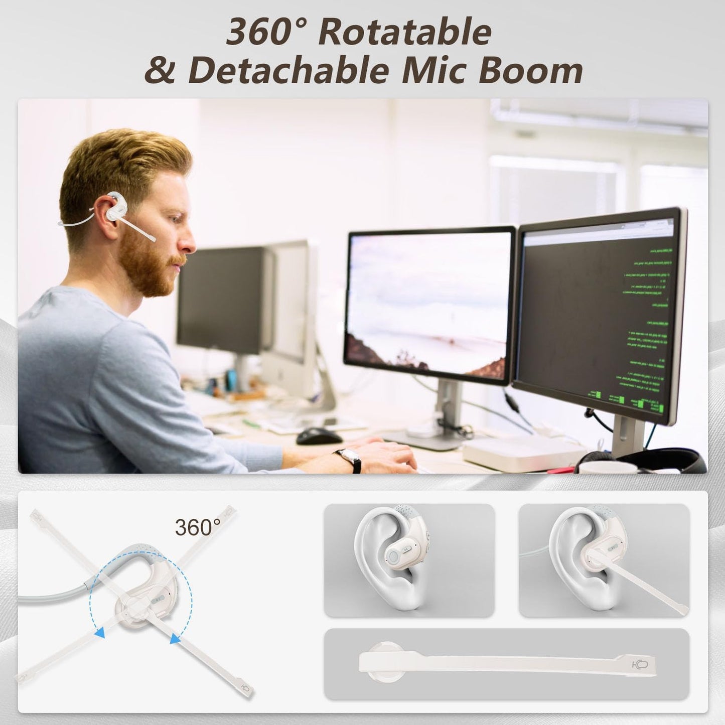 BANIGIPA Bluetooth Headset with Removable Microphone, Noise Cancelling Wireless Headset for Phones Laptop Computer PC, Open Ear Headphones for Office Meeting Running Cycling Driving Working-12 Hrs