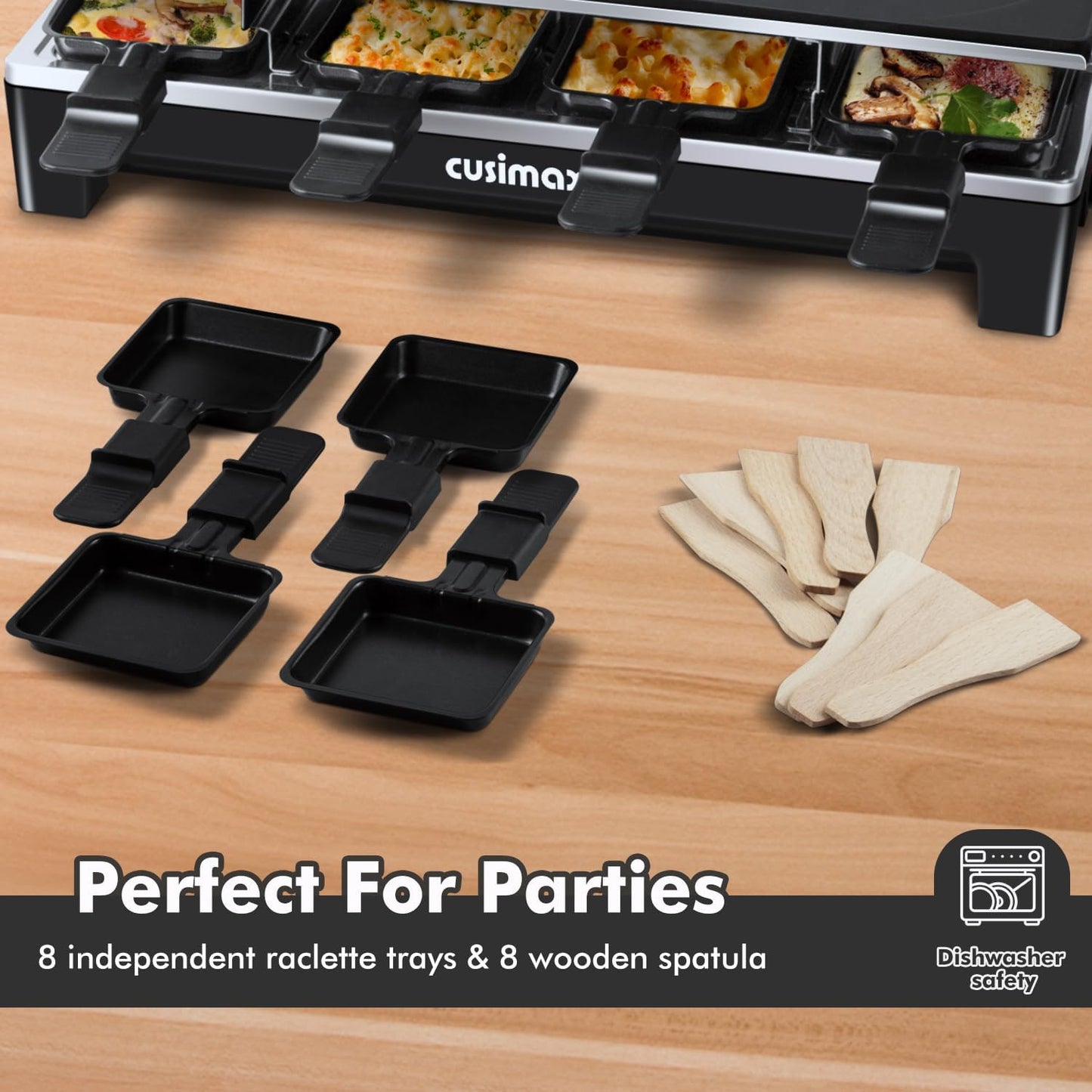 Raclette Table Grill, CUSIMAX Electric Indoor Grill, Portable Korean BBQ Grill with 2 in 1 Reversible Non-stick Plate& Natural Grill Stone, 1500W Electric Party Grill, 8 Raclette Pans& Wooden Spatulas