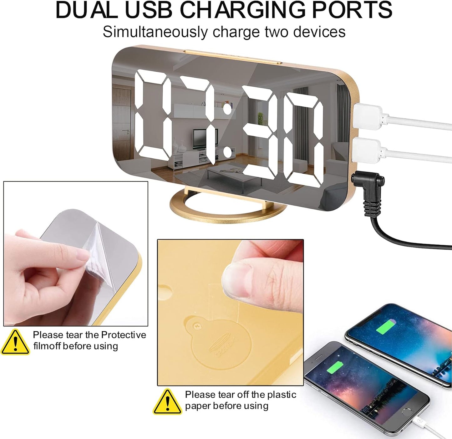 SZELAM Digital Alarm Clock,LED and Mirror Desk Clock Large Display,with Dual USB Charger Ports,3 Levels Brightness,12/24H,Modern Electronic Clock for Bedroom Home Living Room Office - Gold