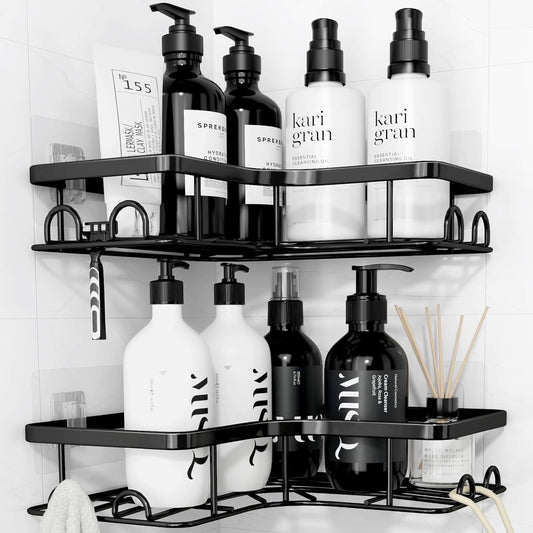 Kitsure Corner Shower Caddy - 2 Pack Rustproof Shower Organizer, Durable Shower Shelf with Large Capacity, Drill-Free Adhesive Bathroom Shelves with 4 Movable Hooks, 11.0 x 21.5 x 4.5cm, Black