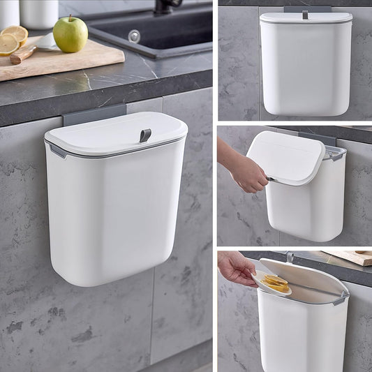 2.5 Gallon Hanging Compost Bin with Lid, Under Sink Cabinet Door Trash Can, Wall Mounted Slide Open Kitchen Garbage Bin, White - PuriLite