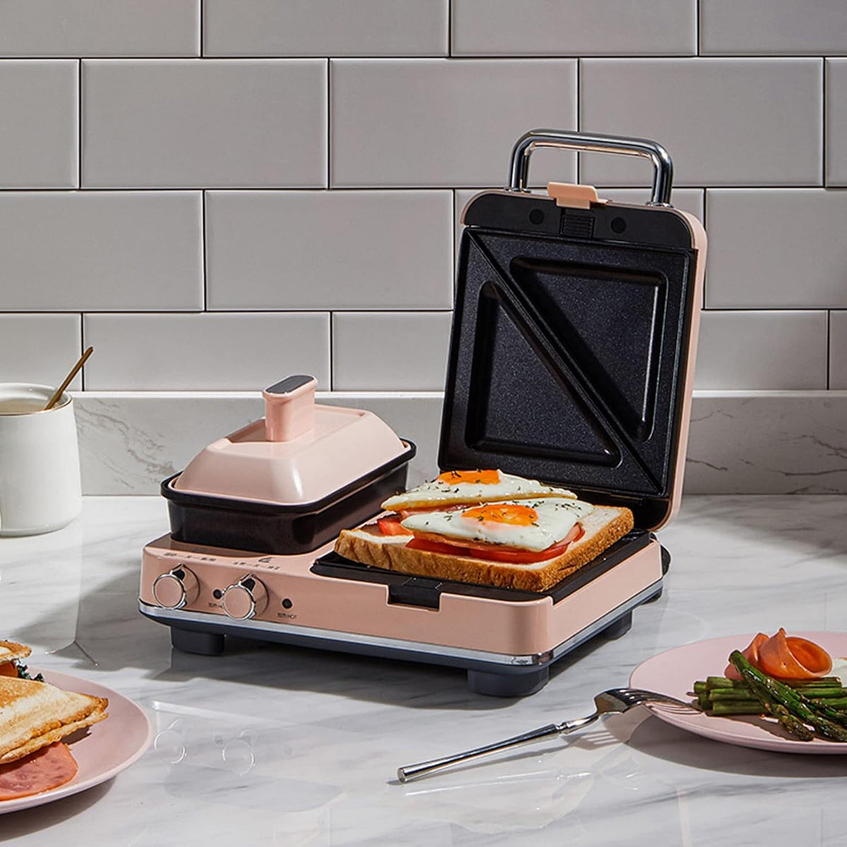 Small Breakfast Machine Mini Sandwich MachineBreakfast Machine Multifunctional Portable Non Stick Apply to Dormitory Travel Home Kitchen Breakfast Station (Color : Pink)