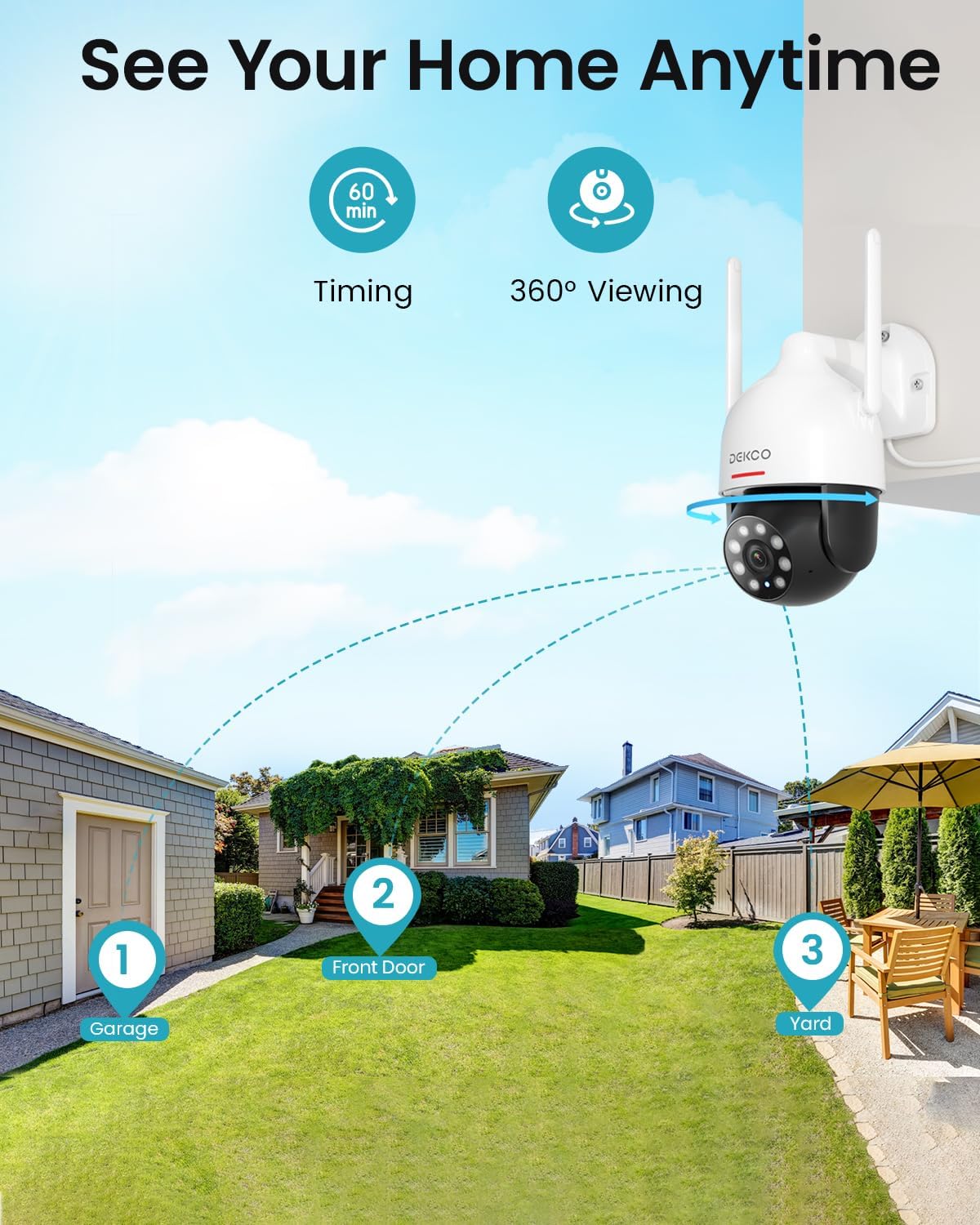 DEKCO 2K Outdoor Security Camera with 360 Degree Pan-Tilt Motion Tracking, Home Camera Surveillance Exterieur, WiFi Camera, Full Color Night Vision Sound-Light Alarm, 2-Way Audio, Waterproof