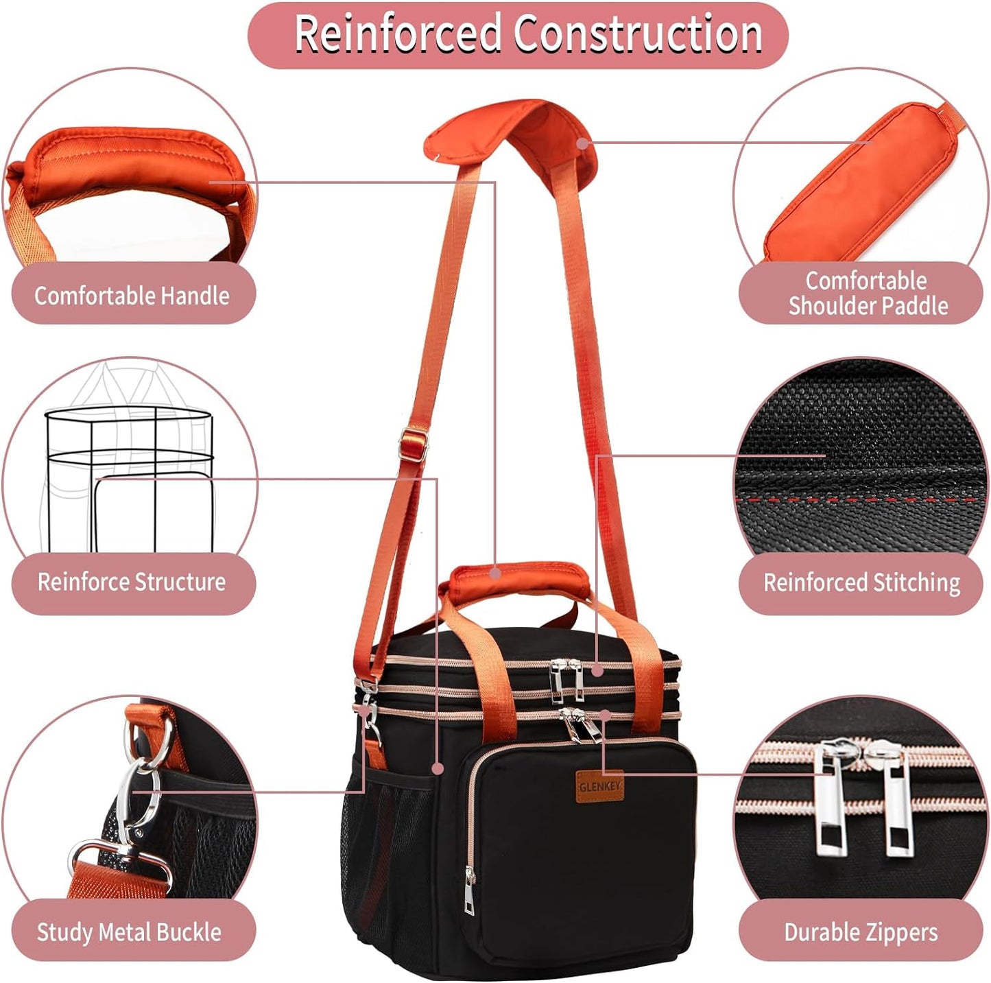 Expandable Large Lunch Bag, Double Deck Insulated Lunch Box Leakproof Durable Soft Cooler Bag for Men Women Adults Work Construction Beach Picnic Daytrip,16L,Black, GLENKEY